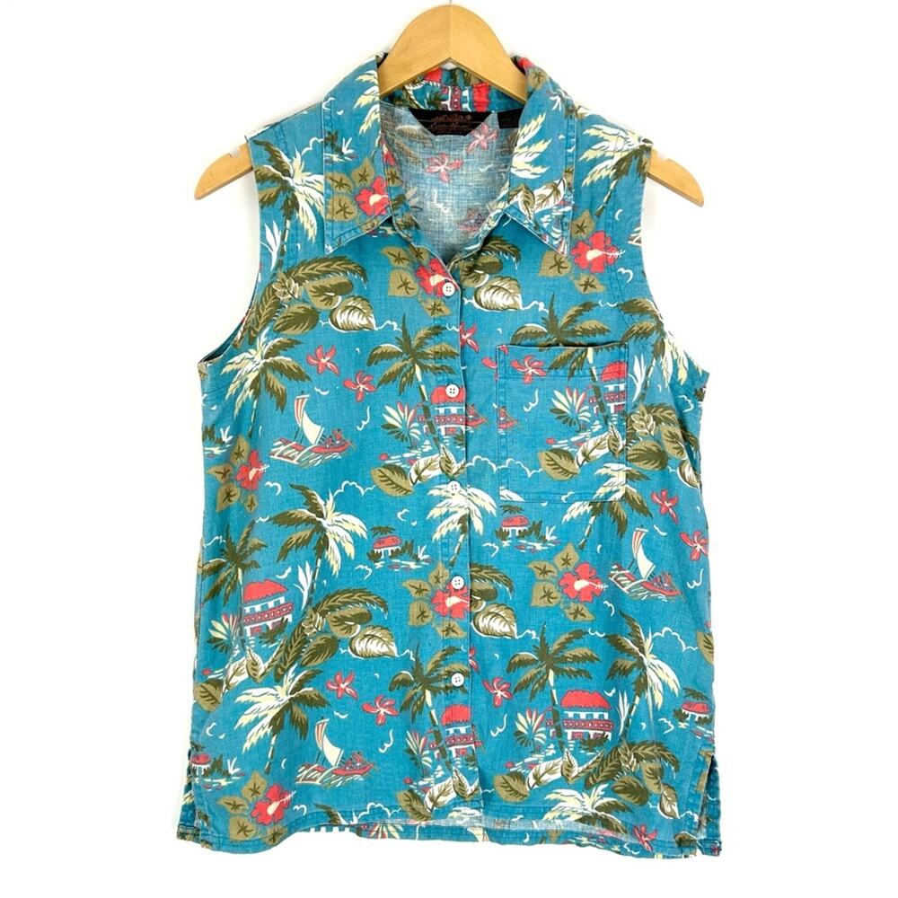 Eddie‎ Bauer Vintage Linen Sleeveless Tropical Print Shirt